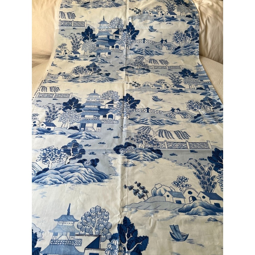 Fabric RARE P Kaufmann Blue Toile Chinoiserie Asian Pagoda Landscape 50"L x 55"W